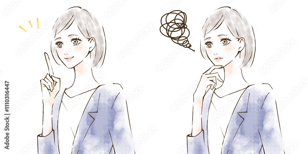 指差しポイント コンプライアンス研修 笑顔と不安な表情のイラストセット スーツ