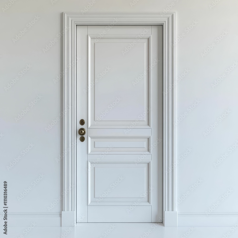 White paneled door, ornate frame, simple hardware. White paneled door, ornate frame, simple hardware.