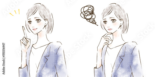 Obraz na płótnie 指差しポイント コンプライアンス研修 笑顔と不安な表情のイラストセット スーツ w salonie
