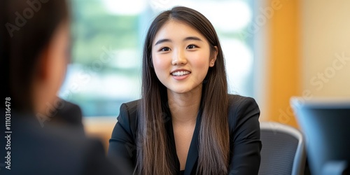 A young Asian woman in professional attire is sitting across from another person, smiling and talking to them at the table during an interview or meeting.