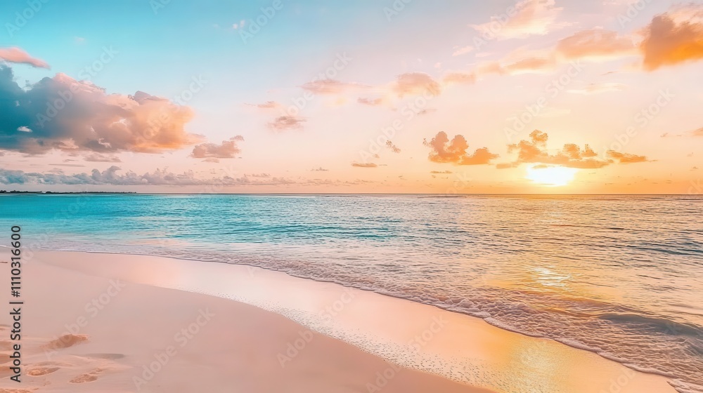 Travel image with a beautiful sunset over the ocean, with pastel clouds in the sky and sand on the beach Travel image with a beautiful sunset over the ocean, with pastel clouds in the sky and sand on the beach