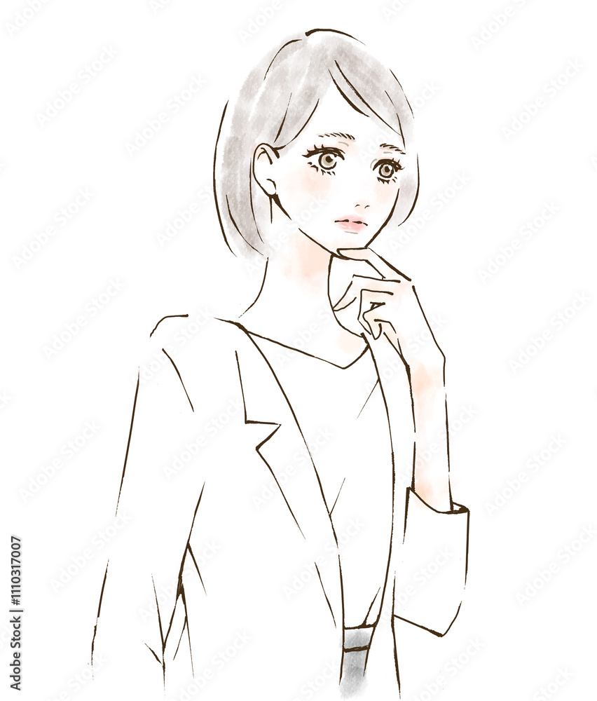 悩む人のイラスト 水彩風 疑問 質問 考えるポーズ