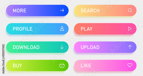 Set of social media modern buttons. Different gradient colors and icons on oval forms with shadows.