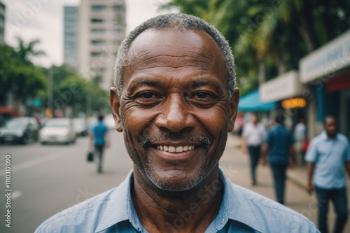 Close portrait of a smiling senior Vanuatuan businessman looking at the camera, Vanuatuan big city outdoors blurred background