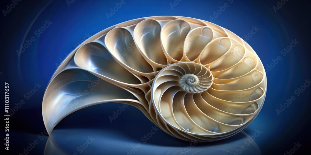 Obraz premium The intricate spiral of a nautilus shell, showcasing nature's elegant mathematical design and the beauty of the golden ratio.