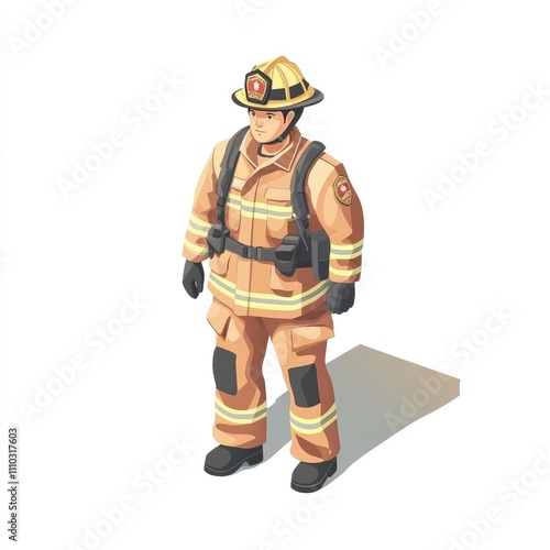 Firefighter in full uniform, isometric view.