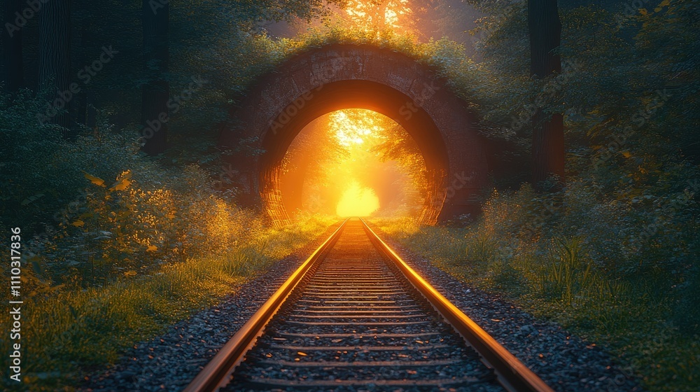 Naklejka premium Sunlit train tracks disappear into a mystical stone archway in a misty forest.