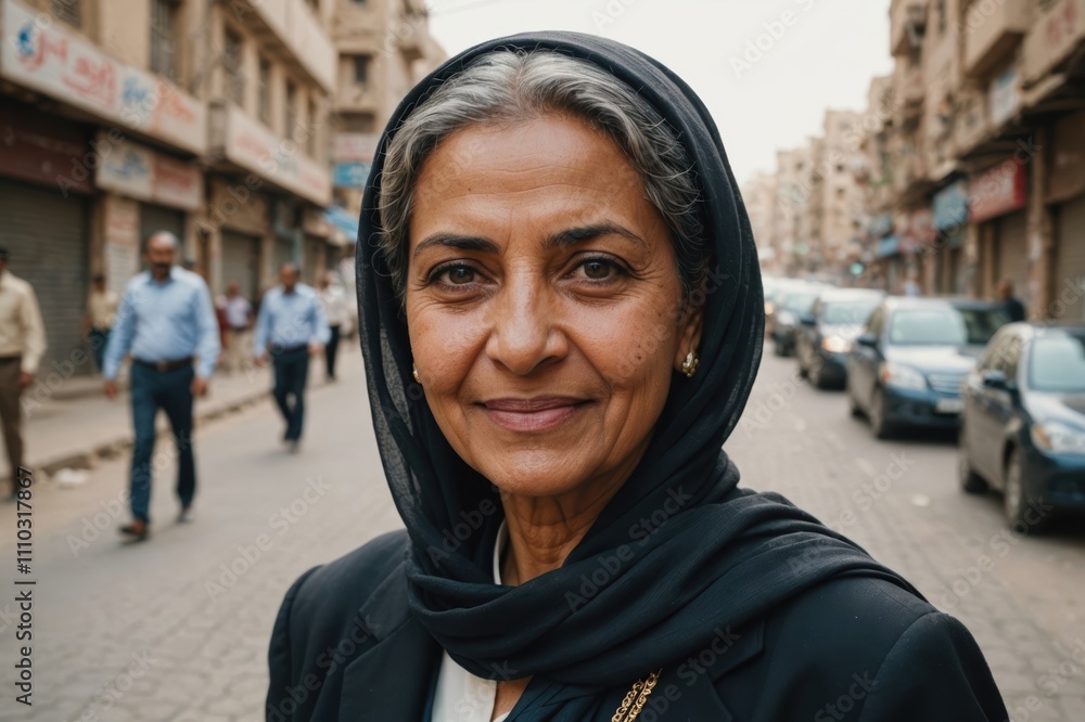 Close portrait of a smiling senior Yemeni businesswoman looking at the camera, Yemeni big city outdoors blurred background Close portrait of a smiling senior Yemeni businesswoman looking at the camera, Yemeni big city outdoors blurred background