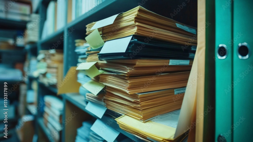 Obraz premium Stack files folders bookshelf office storage room are stacked document