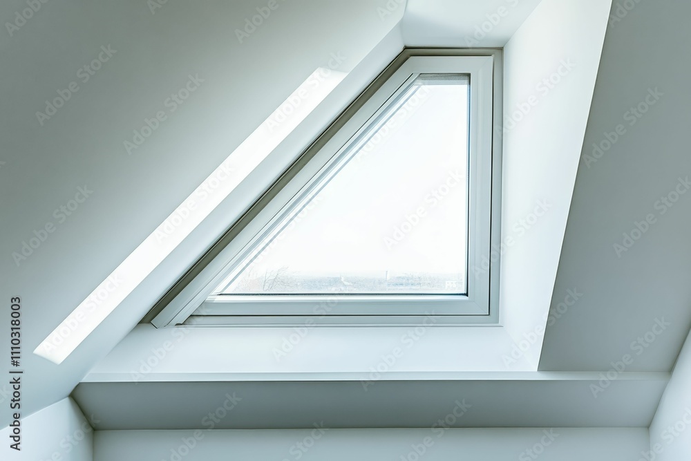 Obraz premium Triangular window, white frame, sloped ceiling.