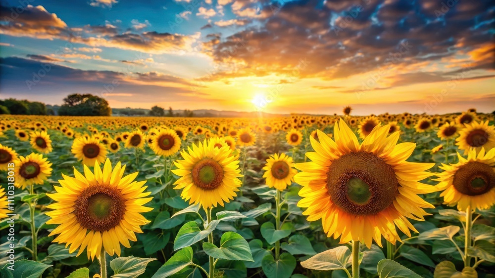 Fototapeta premium A vibrant field of sunflowers basking in the golden glow of a setting sun, their petals unfurling towards the sky, creating a breathtaking scene of nature's beauty