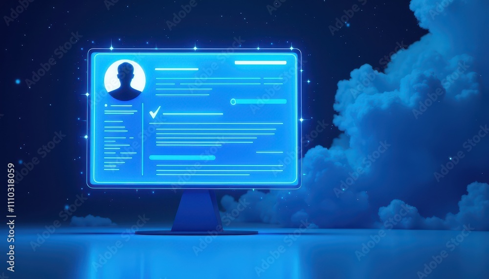 A computer screen displaying a candidate's profile with a silhouette and text information against a starry sky and cloud background A computer screen displaying a candidate's profile with a silhouette and text information against a starry sky and cloud background