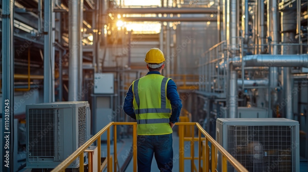 Man wearing yellow hard hat high visibility vest industrial cooling tower maintenance Man wearing yellow hard hat high visibility vest industrial cooling tower maintenance