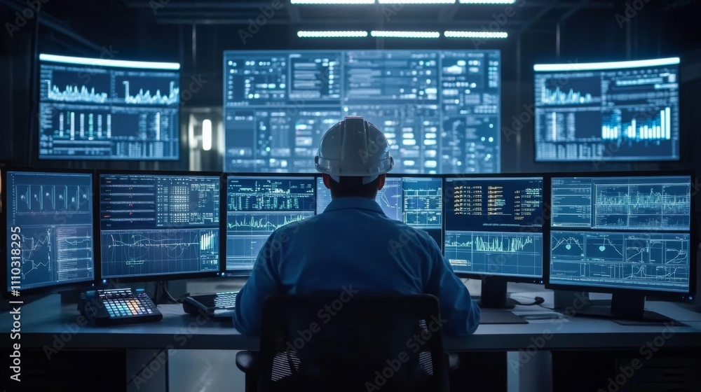 Man wearing white hard hat blue uniform sitting engineer monitoring ai dashboard Man wearing white hard hat blue uniform sitting engineer monitoring ai dashboard
