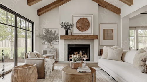 Modern living room high ceiling wooden beams has cozy farmhouse