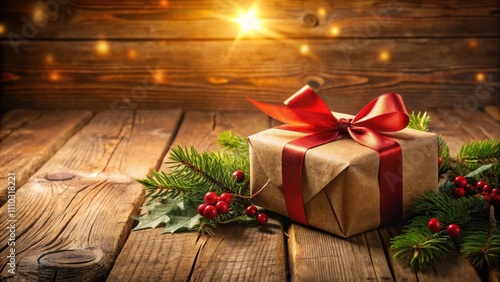 A Rustic Christmas Gift Wrapped in Brown Paper with a Red Bow and Holly on a Wooden Table