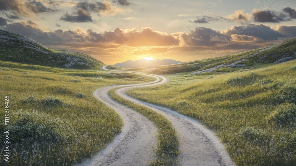 Landscape photograph dirt road winding through grassy field fork in Landscape photograph dirt road winding through grassy field fork in