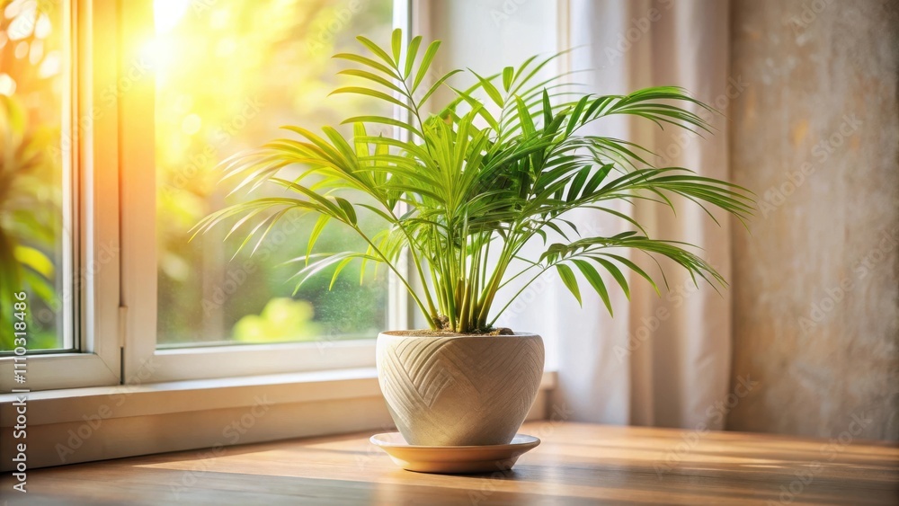 A potted palm tree in a white pot sits on a wooden table, bathed in warm sunlight streaming through a window. A potted palm tree in a white pot sits on a wooden table, bathed in warm sunlight streaming through a window.