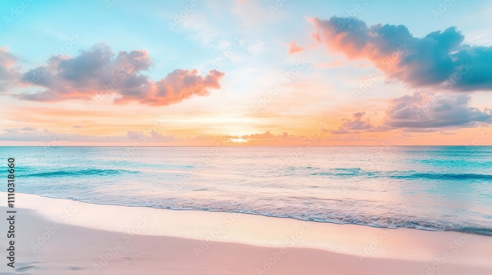 Travel image with a beautiful sunset over the ocean, with pastel clouds in the sky and sand on the beach Travel image with a beautiful sunset over the ocean, with pastel clouds in the sky and sand on the beach