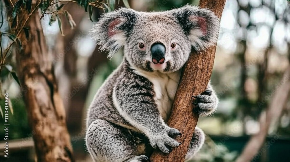 Naklejka premium Close-up koala bear sitting tree branch facing camera