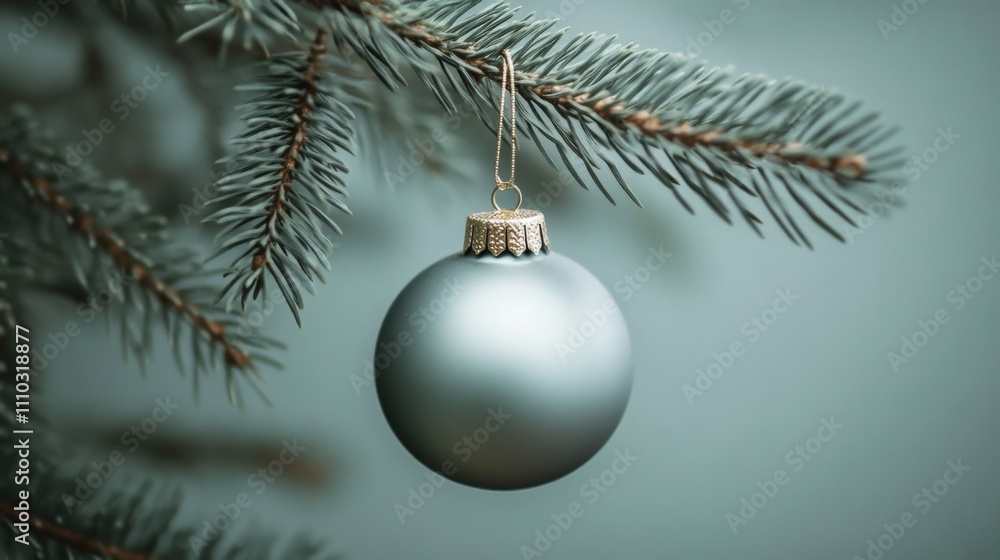 Close-up Christmas ornament hanging from branch pine tree elegant nestled Close-up Christmas ornament hanging from branch pine tree elegant nestled