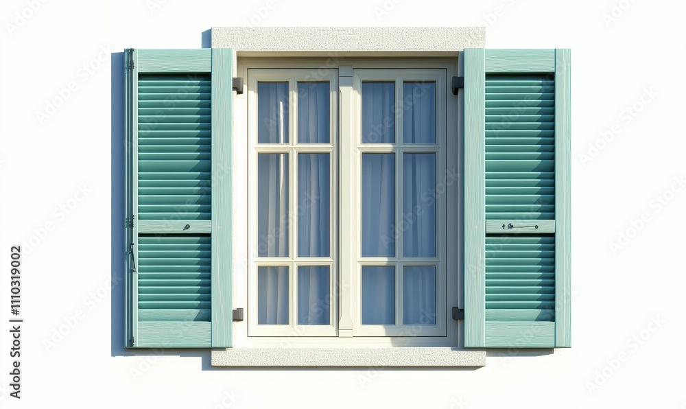Teal shutters flank a cream window, wall background. Teal shutters flank a cream window, wall background.
