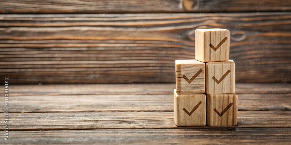 Wooden blocks with check marks arranged in a pyramid shape on a rustic wooden surface. Wooden blocks with check marks arranged in a pyramid shape on a rustic wooden surface.