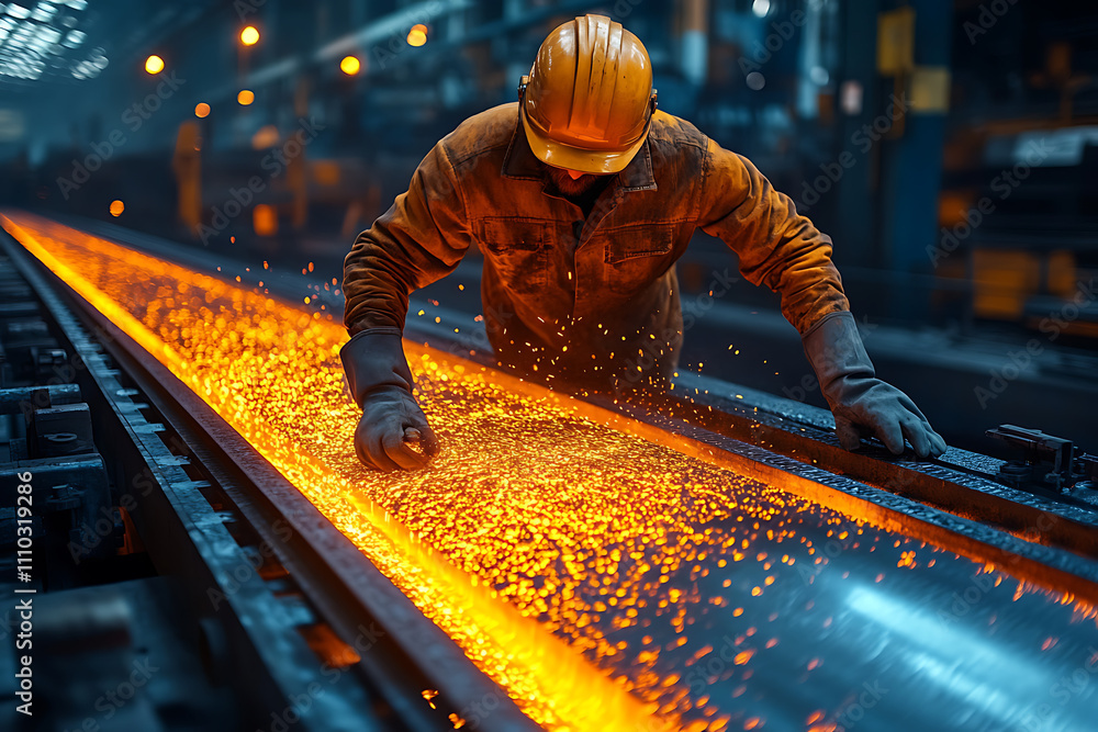 A worker in protective gear handles molten metal in an industrial setting, creating sparks. A worker in protective gear handles molten metal in an industrial setting, creating sparks.