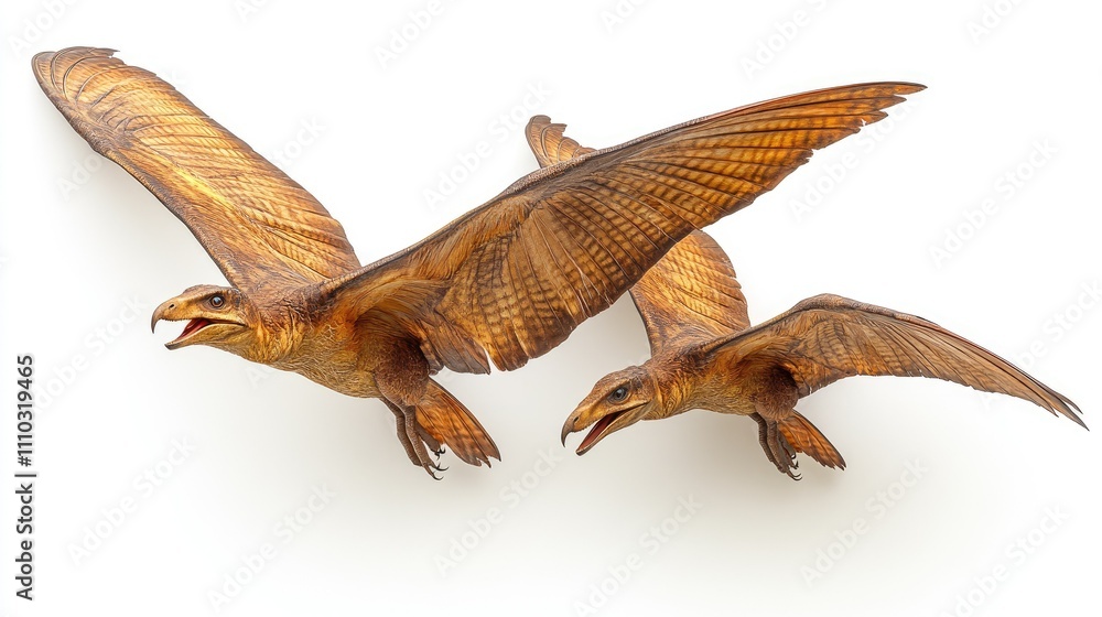 Two prehistoric birds in flight, isolated on white background. Two prehistoric birds in flight, isolated on white background.