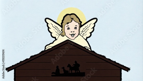 A childsized angel rests on the roof of the stable watching over the Holy Family with a playful expression. Wings stretched wide the angel is surrounded by a soft halo of light. Cartoon photo