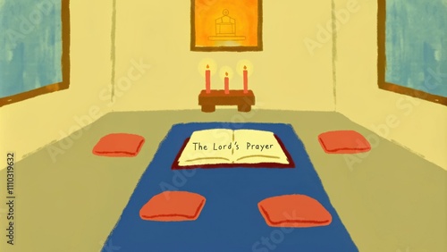 A candlelit meditation room with soft cushions tered on the floor. The walls are adorned with peaceful artwork and in the center a small altar displays fragrant incense and an open. Cartoon photo