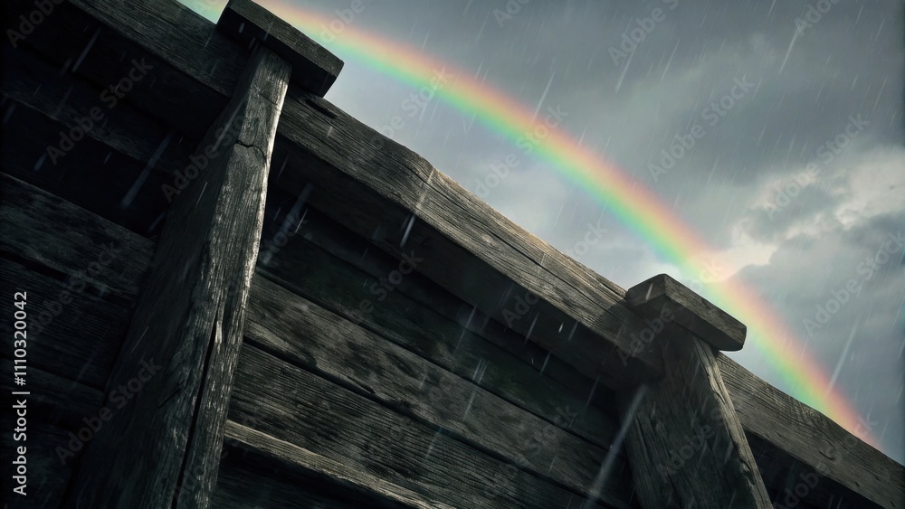 A closeup view reveals the intricate details of the arks wooden structure its beams and planks weathered yet strong. The scene is framed by the radiant arc of the rainbow above. Cartoon A closeup view reveals the intricate details of the arks wooden structure its beams and planks weathered yet strong. The scene is framed by the radiant arc of the rainbow above. Cartoon