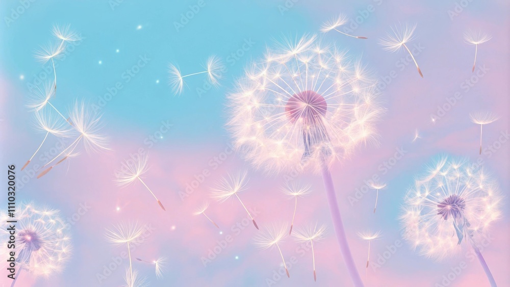 Obraz premium A collection of dandelion seeds suspended in midair against a dreamy pastel backdrop. As they drift apart they symbolize the act of releasing grudges into the wind allowing. Cartoon