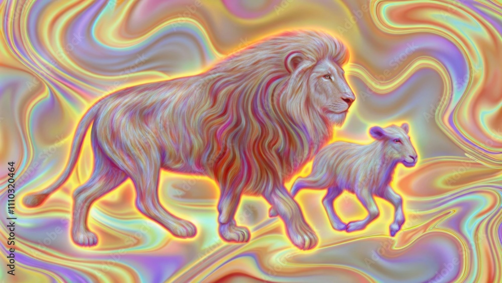Fototapeta premium A dynamic artsy scene depicts the lion and the lamb in an abstract swirl of colorsblues and golds swirling around them representing the unity of strength and gentleness. The. Cartoon
