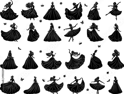 set of princess, queen, girl in ball gown silhouette, vector