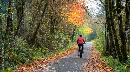 Cyclist Riding Through Autumnal Forest Path