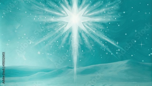 A fragment of a celestial sky captured in deep indigos and luminous whites where a radiant star bursts open tering light across a barren ground. The rays gradually gather to form. Cartoon photo