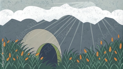 Against a backdrop of towering mountains the empty tomb lies nestled in a valley. A soft wind blows rustling the reeds and flowers that dot the landscape. Rays of sunlight break. Cartoon