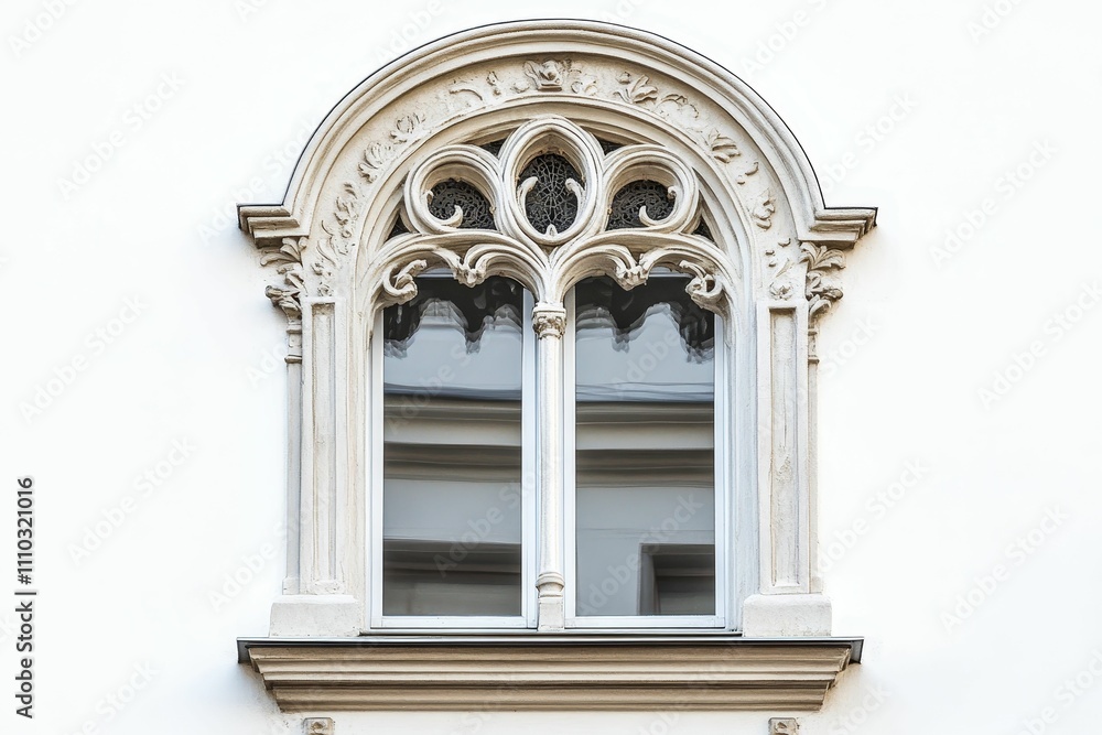 Ornate stone window, arched top, white wall. Ornate stone window, arched top, white wall.