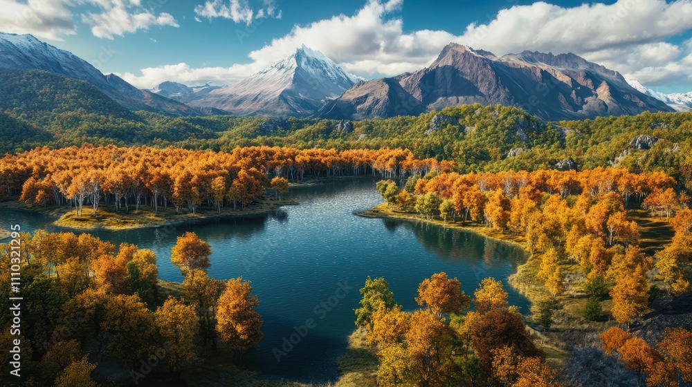 Fototapeta premium Aerial view of Patagonia's vibrant forests and crystal-clear lakes beneath towering mountains