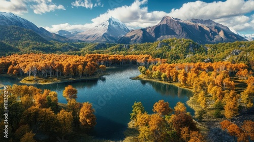 Aerial view of Patagonia's vibrant forests and crystal-clear lakes beneath towering mountains