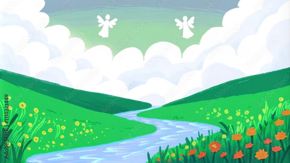 Fototapeta premium A panoramic view captures the entire landscape with the Jordan River winding through a verdant valley dotted with vibrant wildflowers. Angels appear in the clouds above their. Cartoon