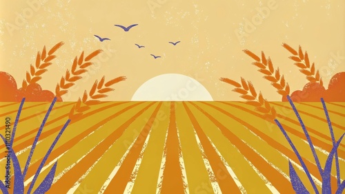 A panoramic view showcases the farmers field at sunset with the warm rays casting long shadows between the tall stalks of wheat. In the foreground s of weeds intertwine with the. Cartoon photo