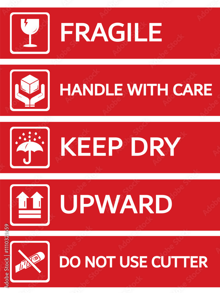 Naklejka premium Sticker Fragile handle with care, warning label and poster for delivery service. Package icons set. Vector