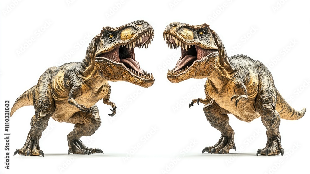 Fototapeta premium Two Tyrannosaurus Rex dinosaurs facing each other, isolated on white background.