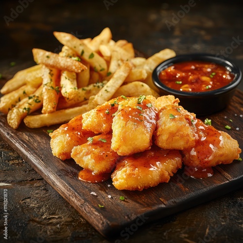 a classic fish and chips, made from a secret batter consisting of selective herbs and spices, dipped and coated using the best cod fish available, served with freshly cut chips photo