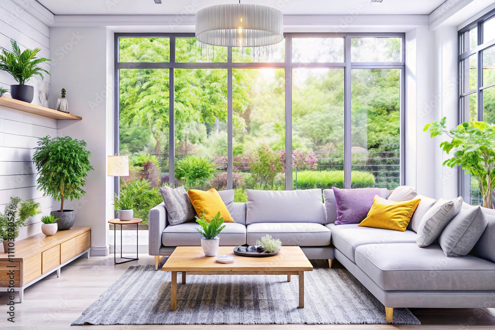 Sunlit living room with L-shaped sofa, large windows, plants, and wooden furniture. Sunlit living room with L-shaped sofa, large windows, plants, and wooden furniture.