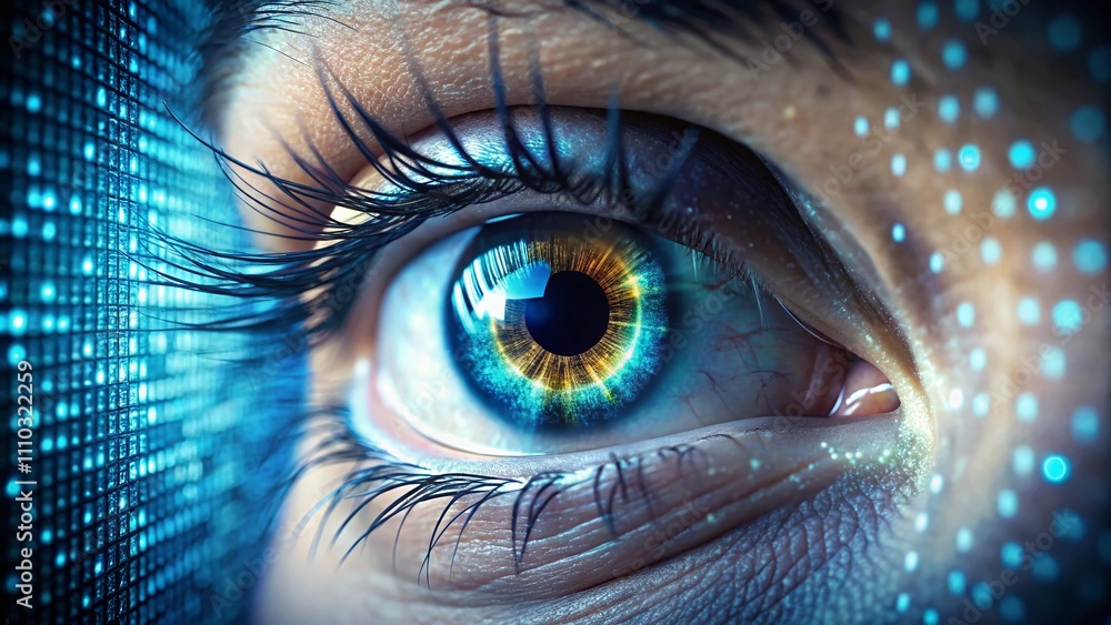 Eye with Glowing Binary Code Symbolizing Artificial Intelligence, Data Security, and Digital Vision in a High Depth of Field Setting Eye with Glowing Binary Code Symbolizing Artificial Intelligence, Data Security, and Digital Vision in a High Depth of Field Setting