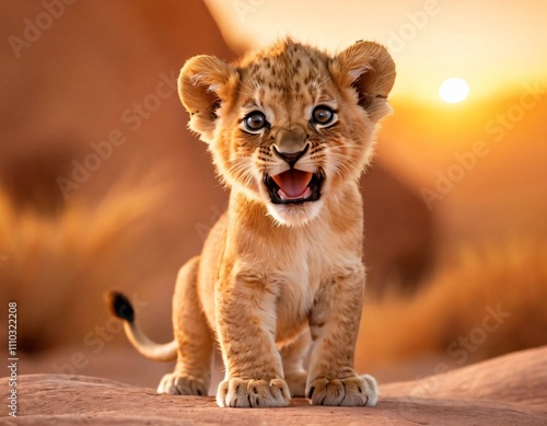 An adorable cartoon-style orange lion cub with a small mane, tiny paws, and large, expressive yellow eyes. The lion cub is roaring cutely. Ai generated image.