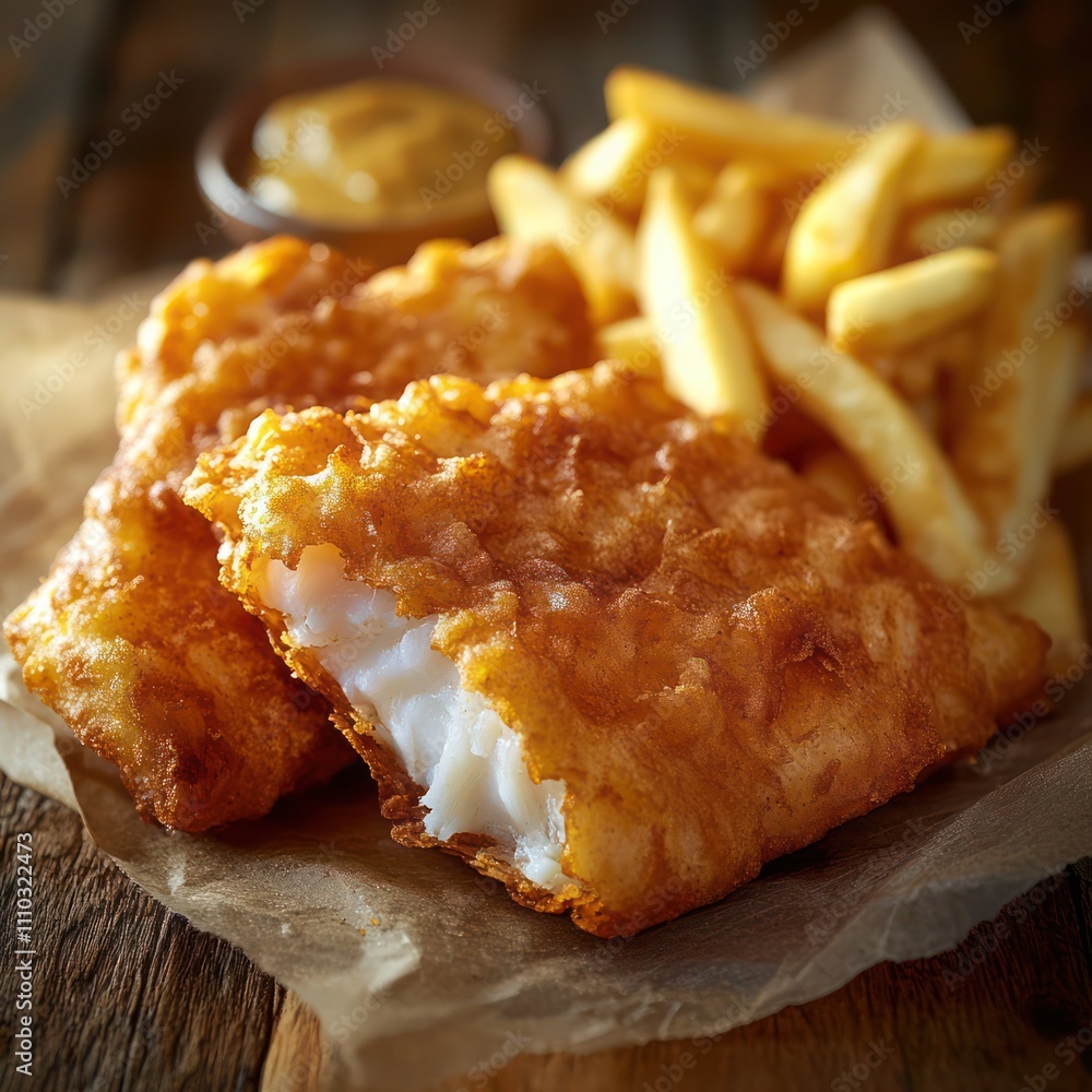 a classic fish and chips, made from a secret batter consisting of selective herbs and spices, dipped and coated using the best cod fish available, served with freshly cut chips a classic fish and chips, made from a secret batter consisting of selective herbs and spices, dipped and coated using the best cod fish available, served with freshly cut chips